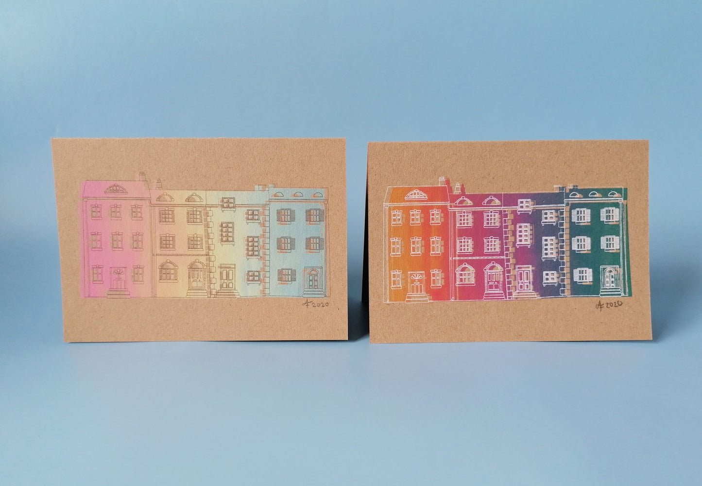 Rainbow Houses Pastel Card, A6 Screenprint