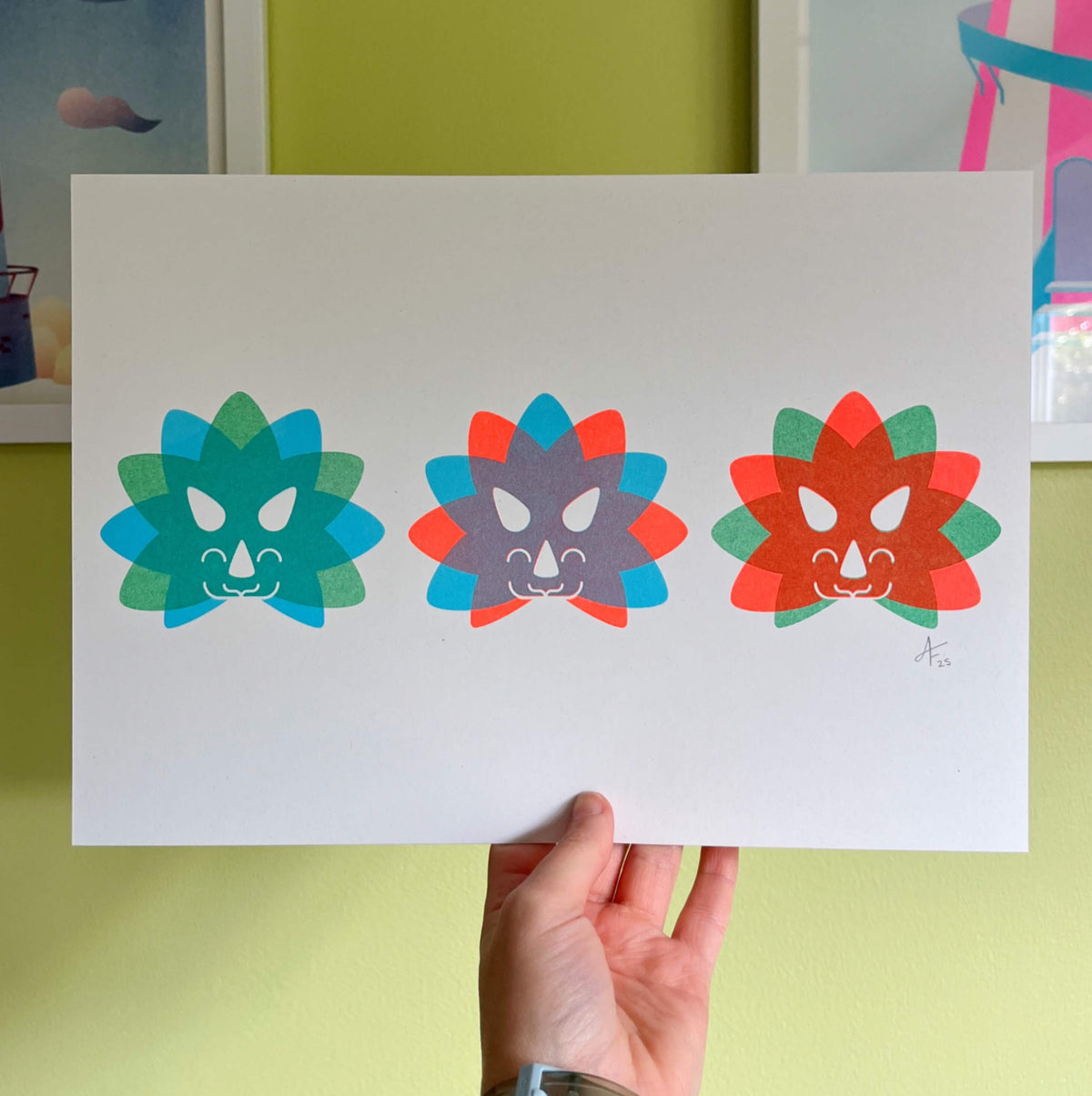 Seconds Triceratops Trio, A4 Risograph Print