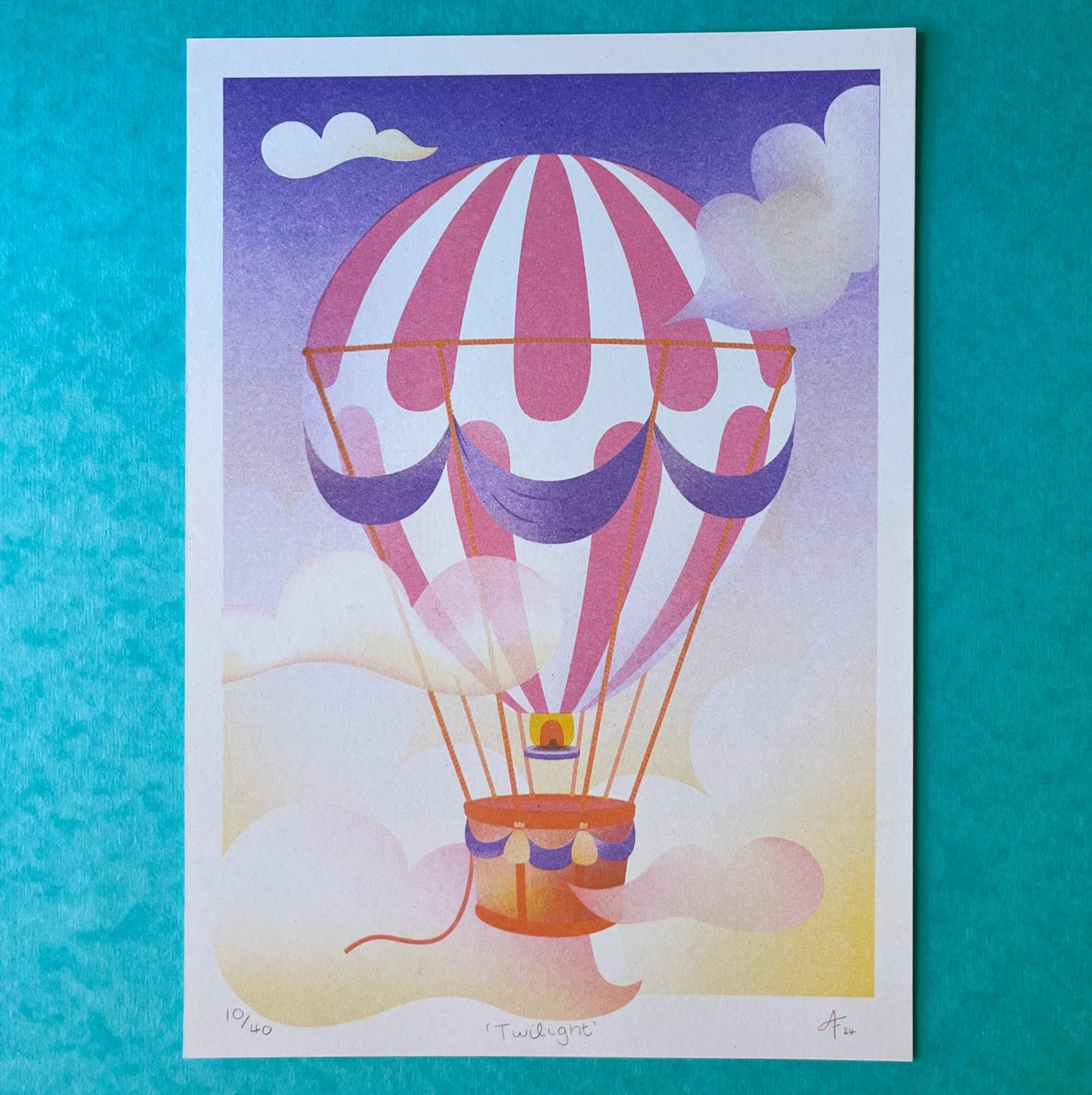 Hot Air Balloon Twilight, Risograph Print A4