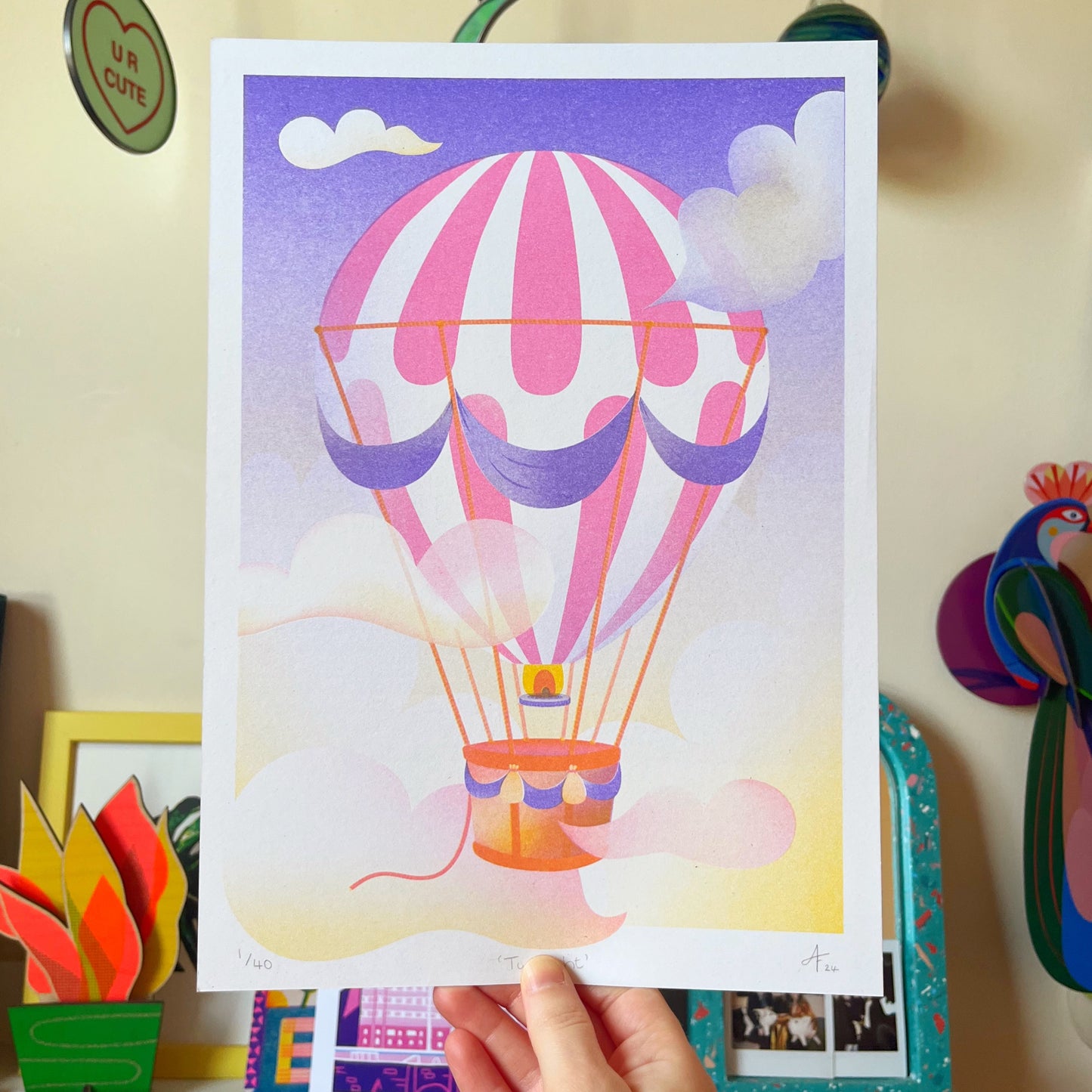 Hot Air Balloon Twilight, Risograph Print A4